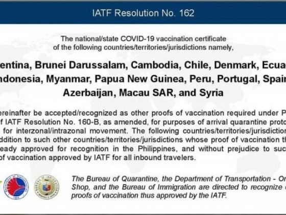PH recognizes vax certificates of 15 more countries
